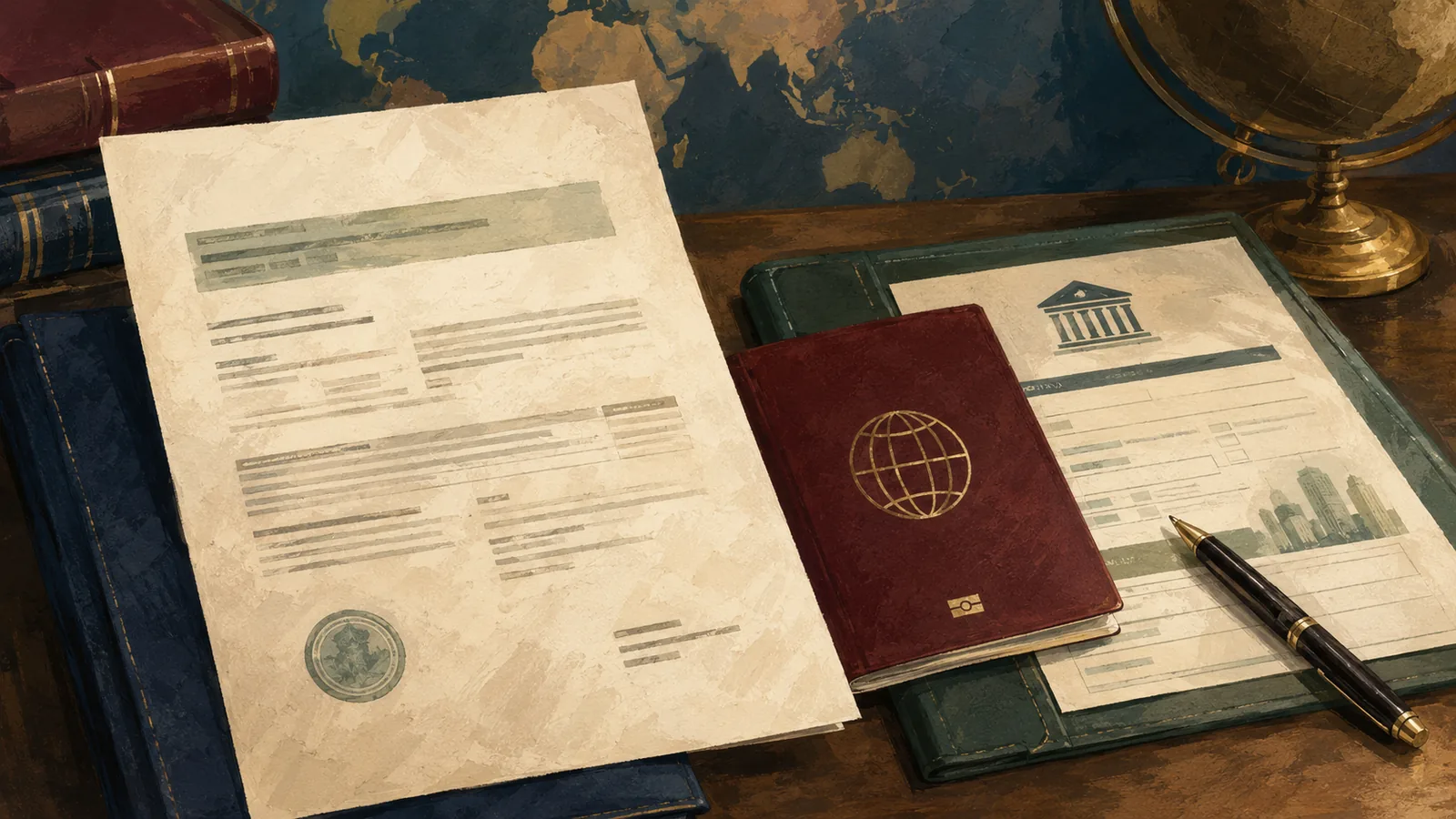 An IRS Letter 147C EIN verification document beside a foreign passport and a US LLC bank application, illustrating EIN proof for non-US residents