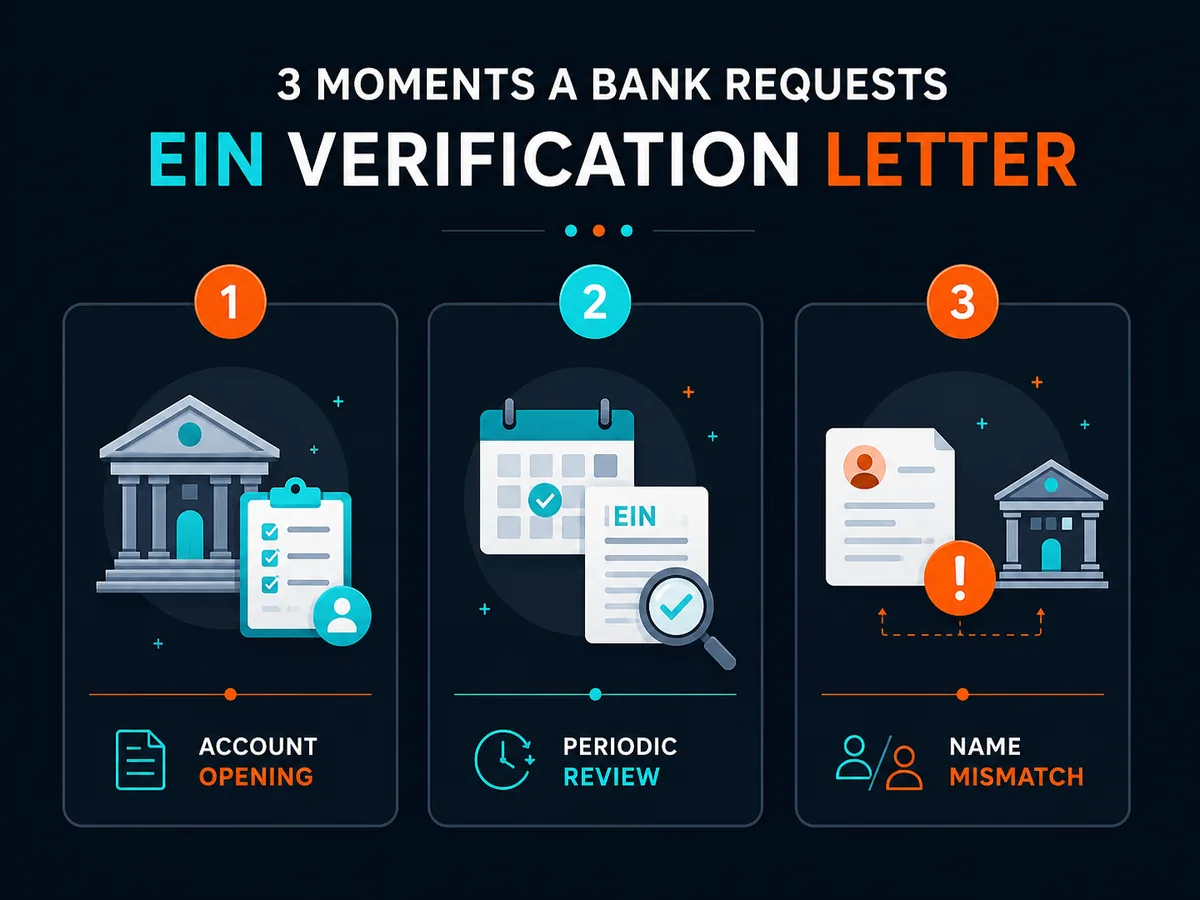 Three moments a bank requests an EIN verification letter: account opening, periodic review, and name mismatch