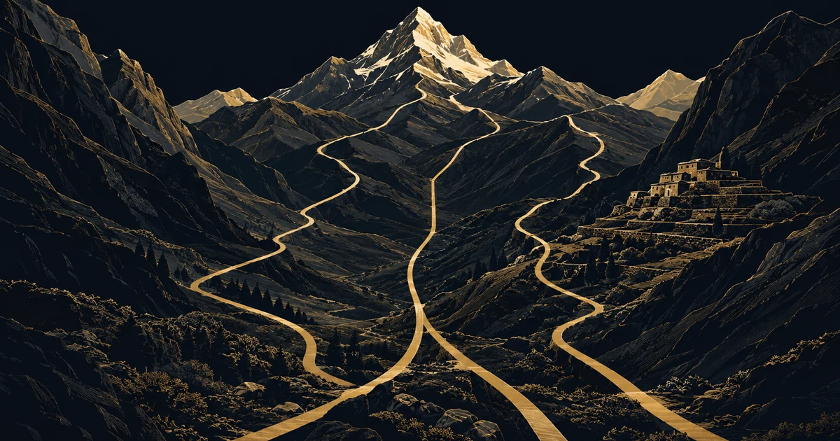 A dark alpine valley in gold line work with snow-lit peaks behind it, a cluster of stone terraces on the right slope, and five slender gold paths climbing from the foreground and separating at different heights