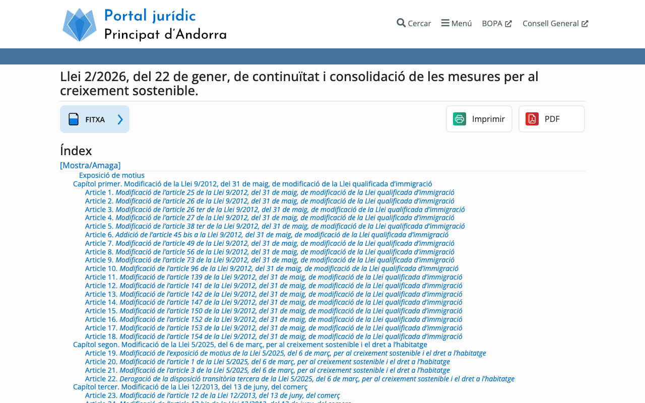Screenshot of the Portal Juridic del Principat d'Andorra page for Llei 2/2026 del 22 de gener, showing its index of articles including Article 5 modifying article 38 ter and Article 10 modifying article 96 of the Llei qualificada d'immigracio