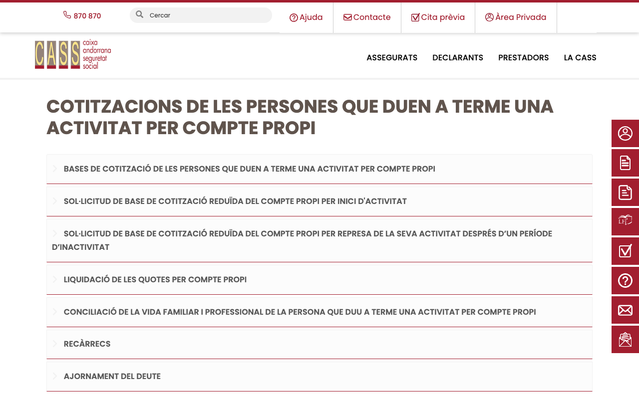 Screenshot of the CASS page on contributions for people carrying out a self-employed activity, listing sections for contribution bases and for requesting a reduced contribution base on starting an activity