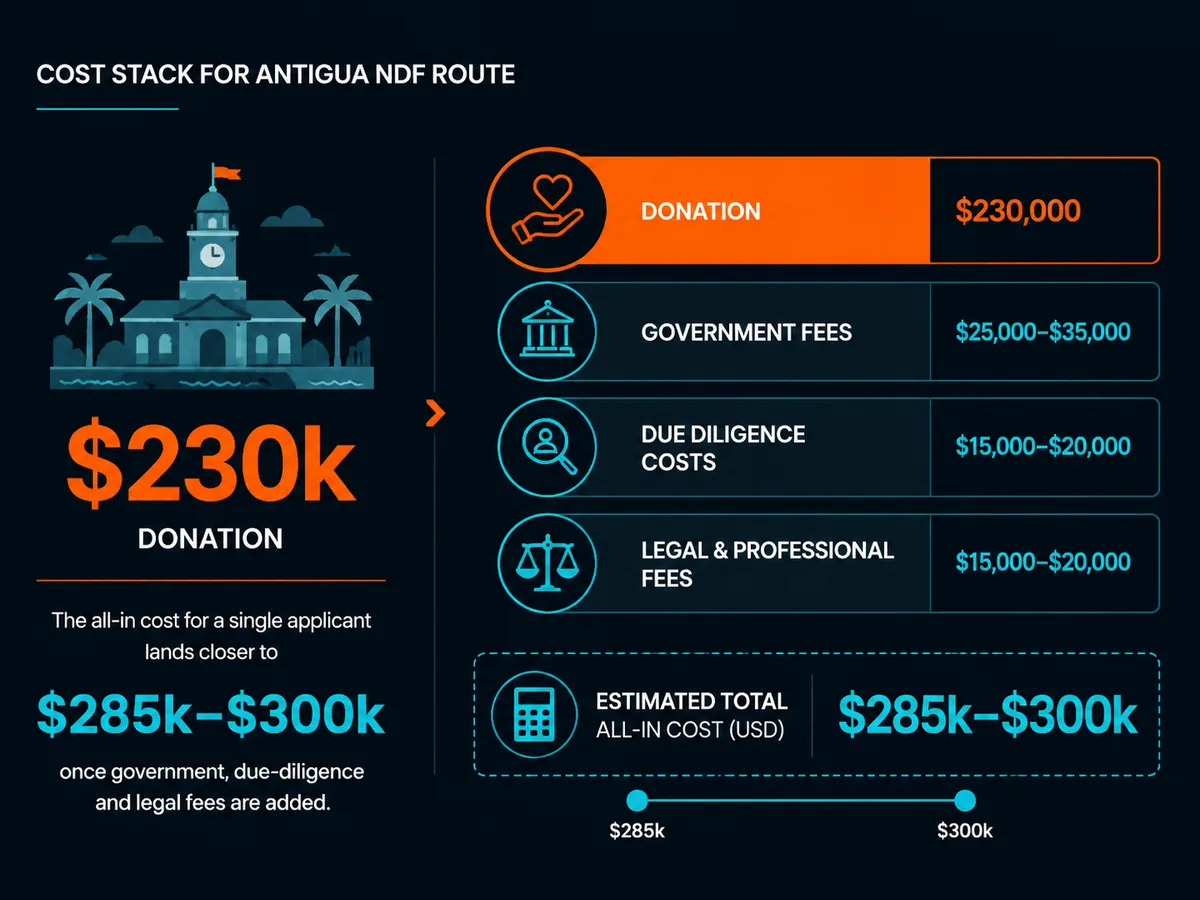 Cost stack for Antigua NDF route showing donation, government fees, due diligence and legal costs