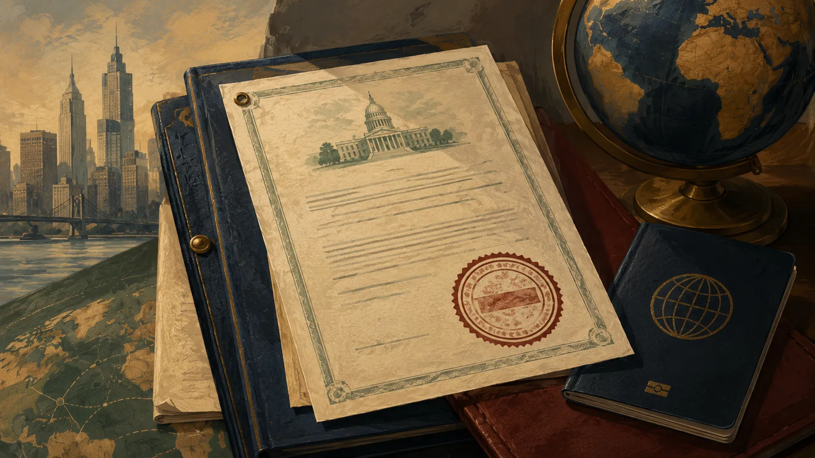 A stamped articles of incorporation document filed with a US Secretary of State, alongside a passport, illustrating the founding charter of a corporation for a non-resident founder