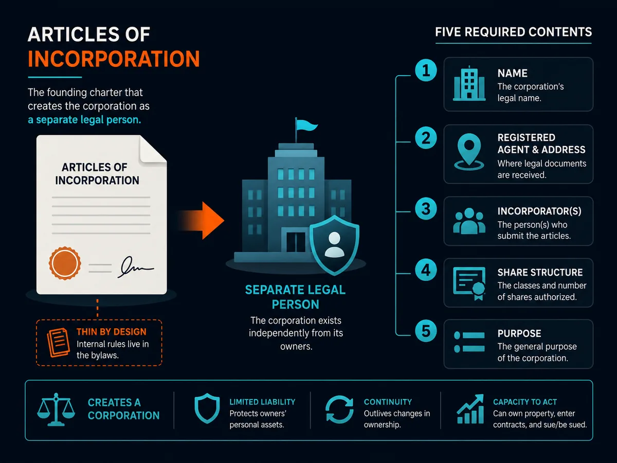 Diagram showing articles of incorporation as the founding charter that creates a corporation as a separate legal person, listing its five required contents