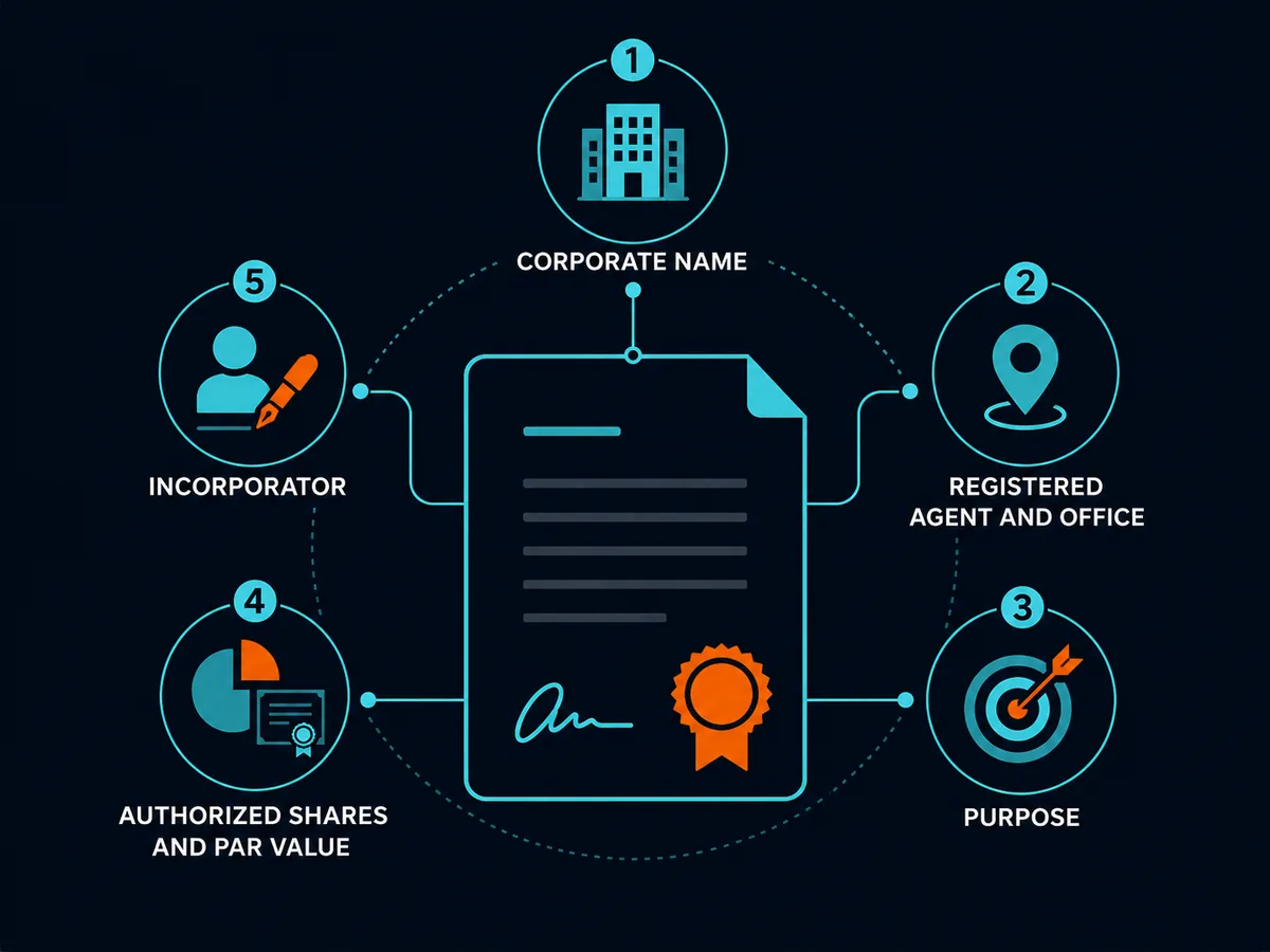 The five required contents of articles of incorporation: corporate name, registered agent and office, purpose, authorized shares and par value, and incorporator