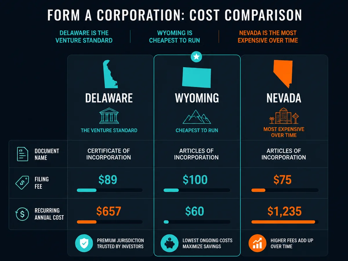 Comparison of Delaware, Wyoming and Nevada showing the document name, filing fee and recurring annual cost for forming a corporation