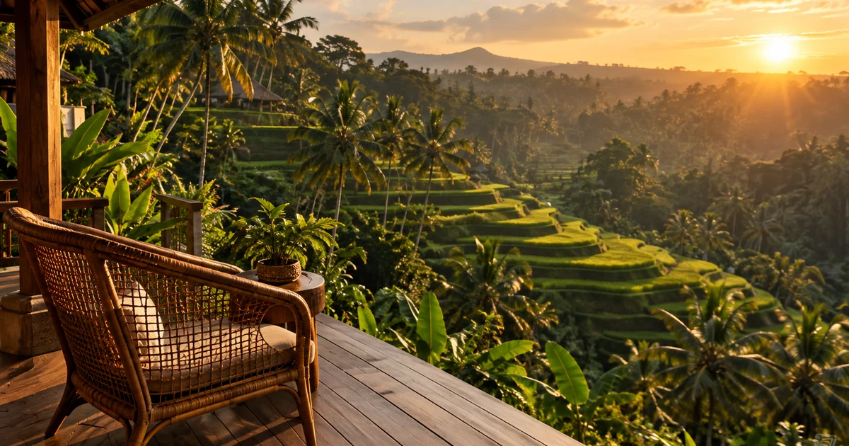 Emerald Balinese rice terraces stepping down a hillside into palm canopy at golden hour, seen from an empty villa deck