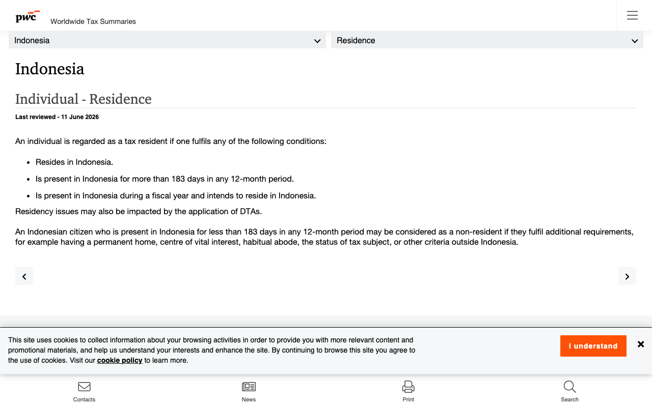 Screenshot of the PwC Worldwide Tax Summaries page for Indonesia individual residence, last reviewed 11 June 2026, listing the three conditions under which an individual is regarded as a tax resident