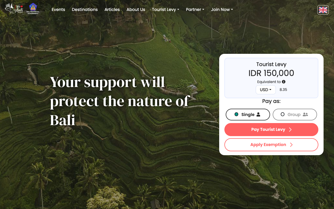 Screenshot of the official Love Bali tourist levy portal showing the levy priced at IDR 150,000 with a currency converter and buttons to pay as a single traveller or a group