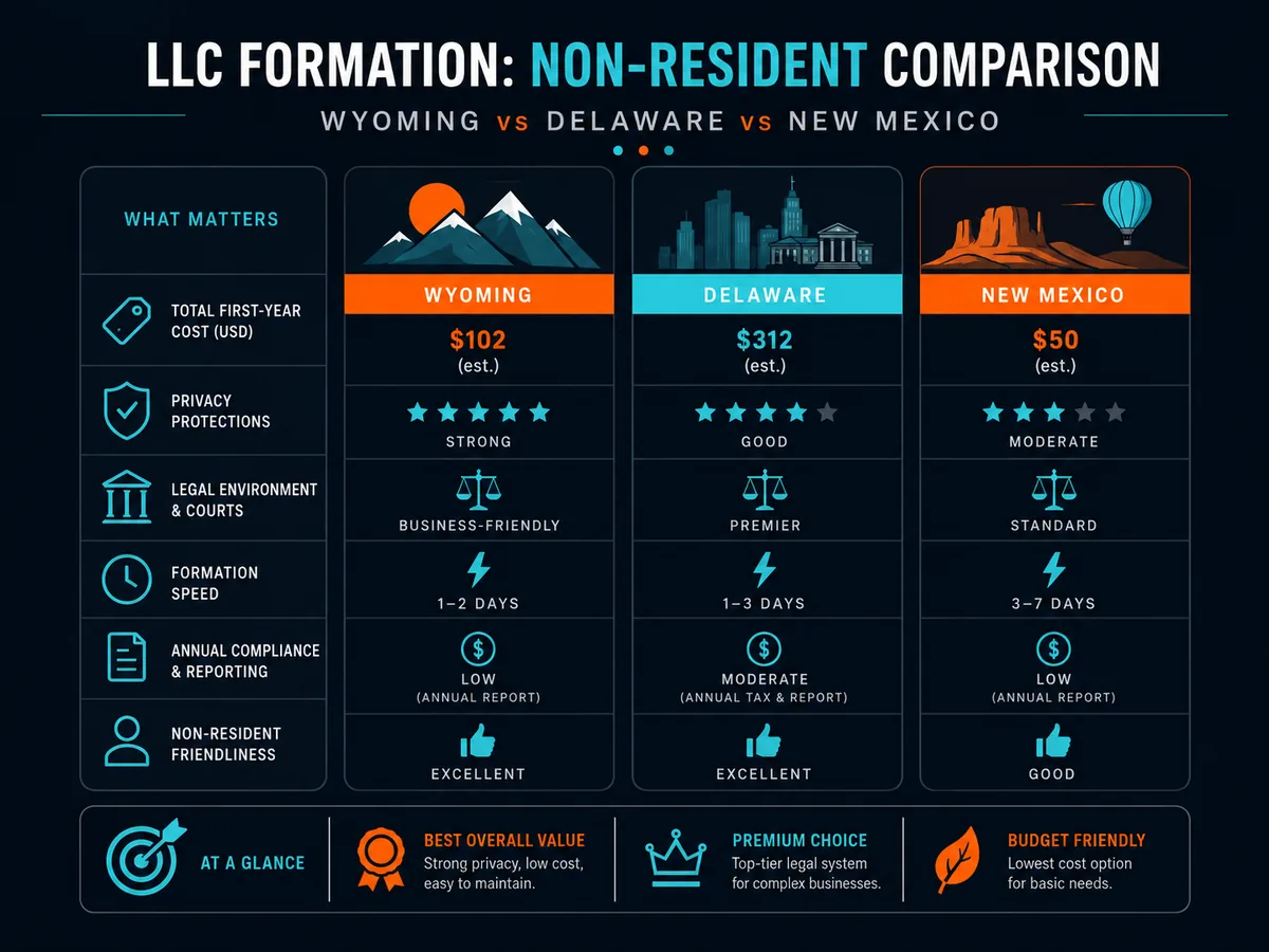 Comparison of Wyoming, Delaware and New Mexico LLC formation costs and features for non-residents