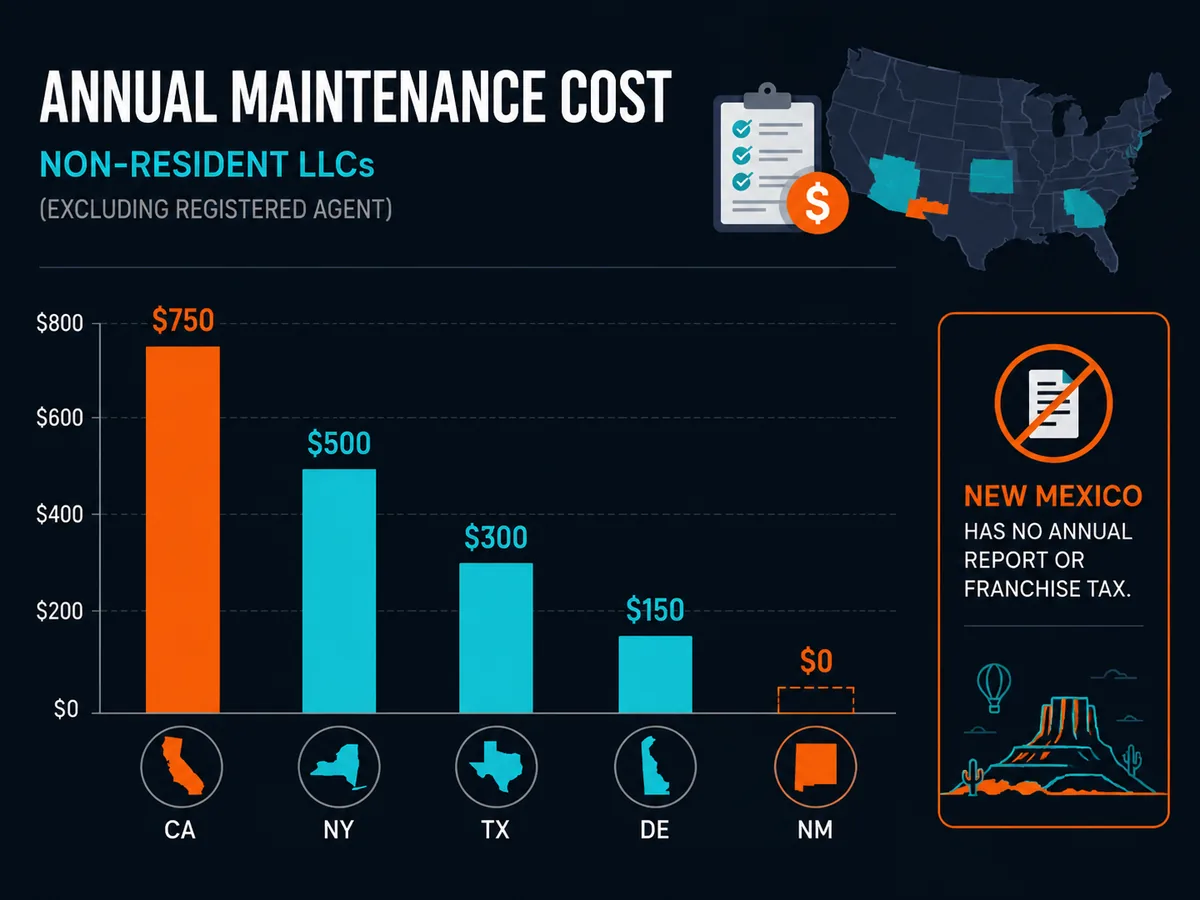 Bar chart comparing annual maintenance costs across five US states for non-resident LLCs