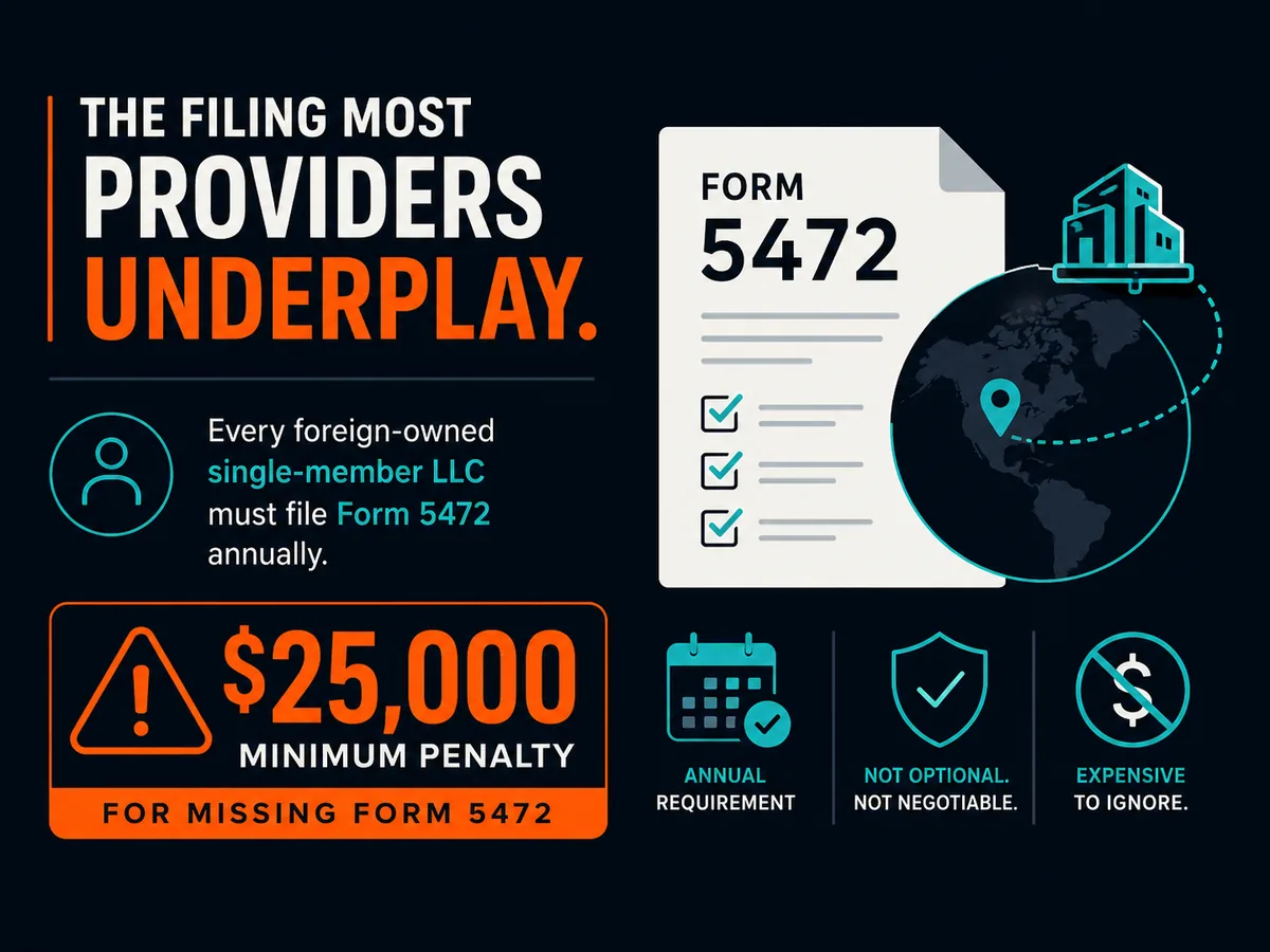 Callout highlighting the $25,000 minimum penalty for missing Form 5472