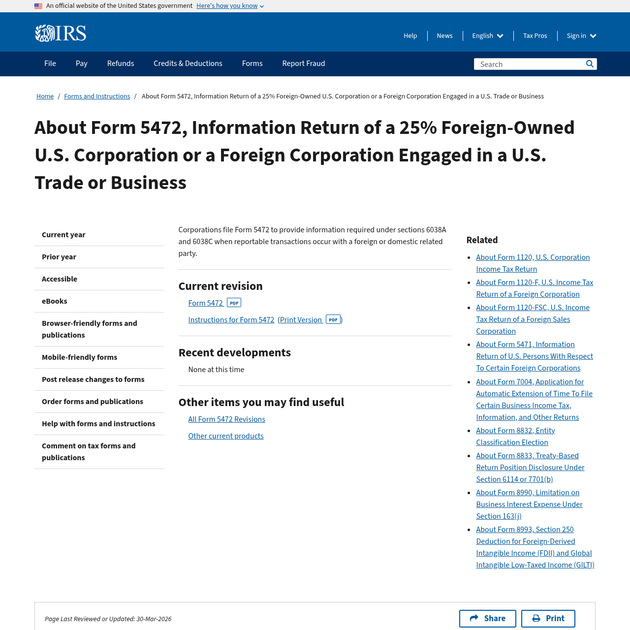 IRS About Form 5472 page