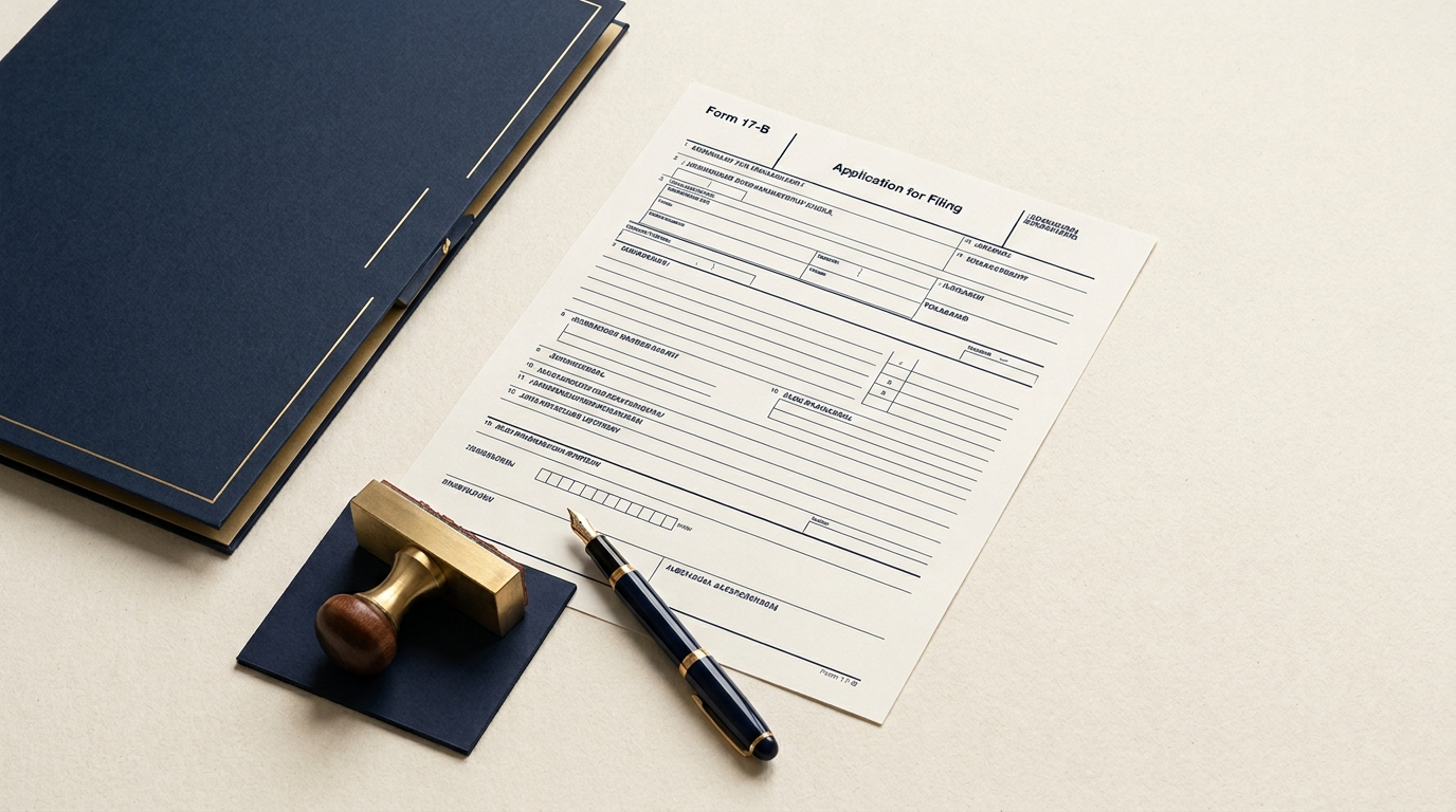 A filing form and a rubber stamp on a desk beside a closed folder — FinCEN beneficial ownership information reporting