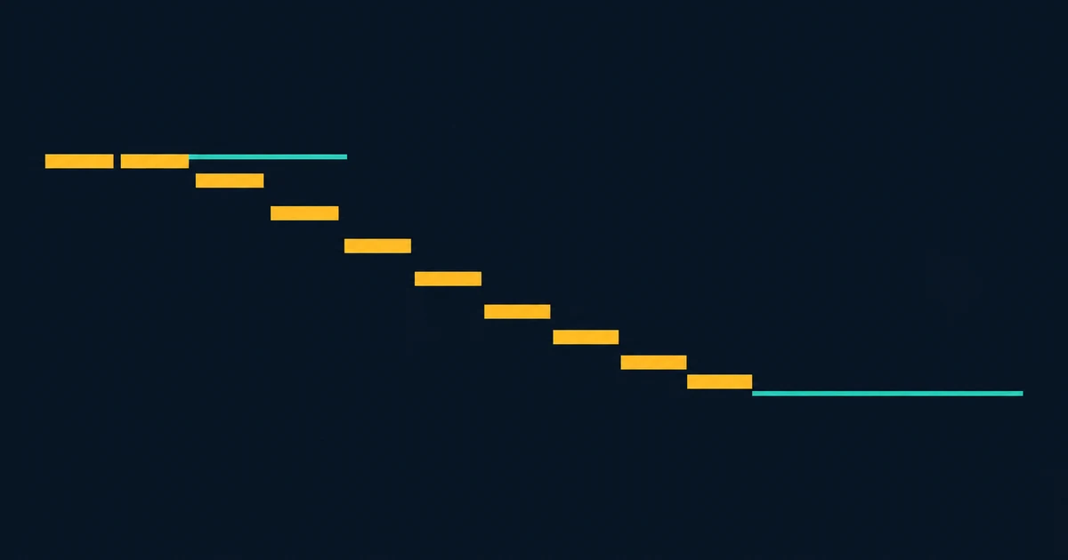 Flat conceptual illustration on a dark navy field: a staircase of amber bars descending left to right, the first two sitting at exactly the same height under a thin teal ceiling line, each later bar dropping lower than the last toward a flat teal baseline it never reaches