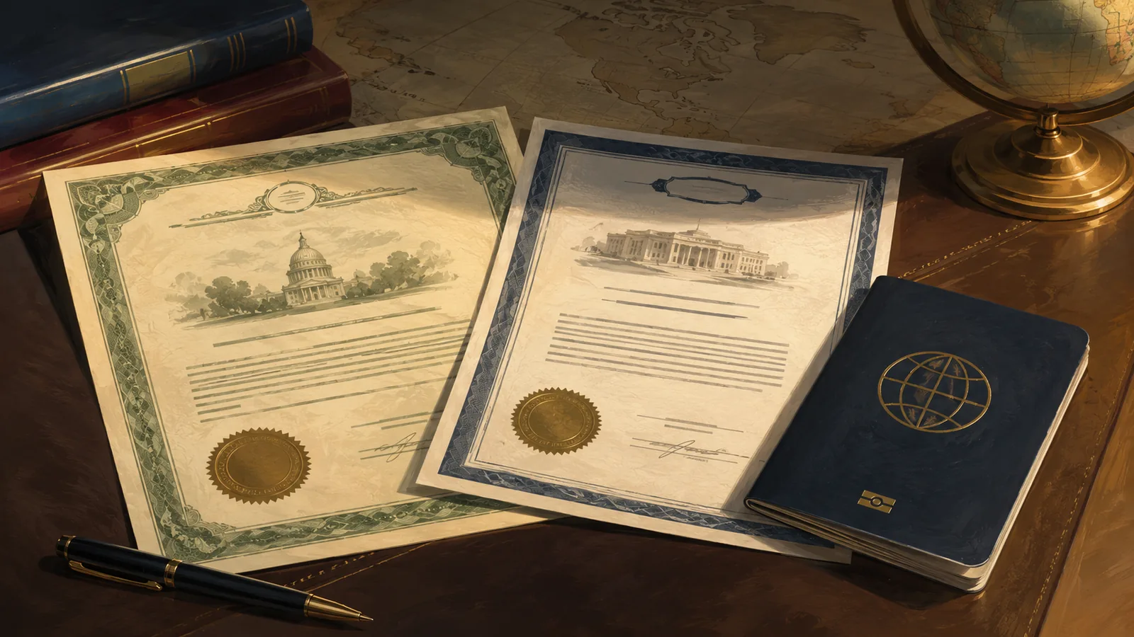 A state-issued certificate of good standing beside an LLC formation certificate and a passport, illustrating the document a non-resident owner orders from the Secretary of State