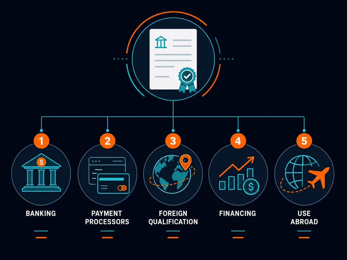 The five common situations where a non-resident LLC owner is asked for a certificate of good standing: banking, payment processors, foreign qualification, financing, and use abroad