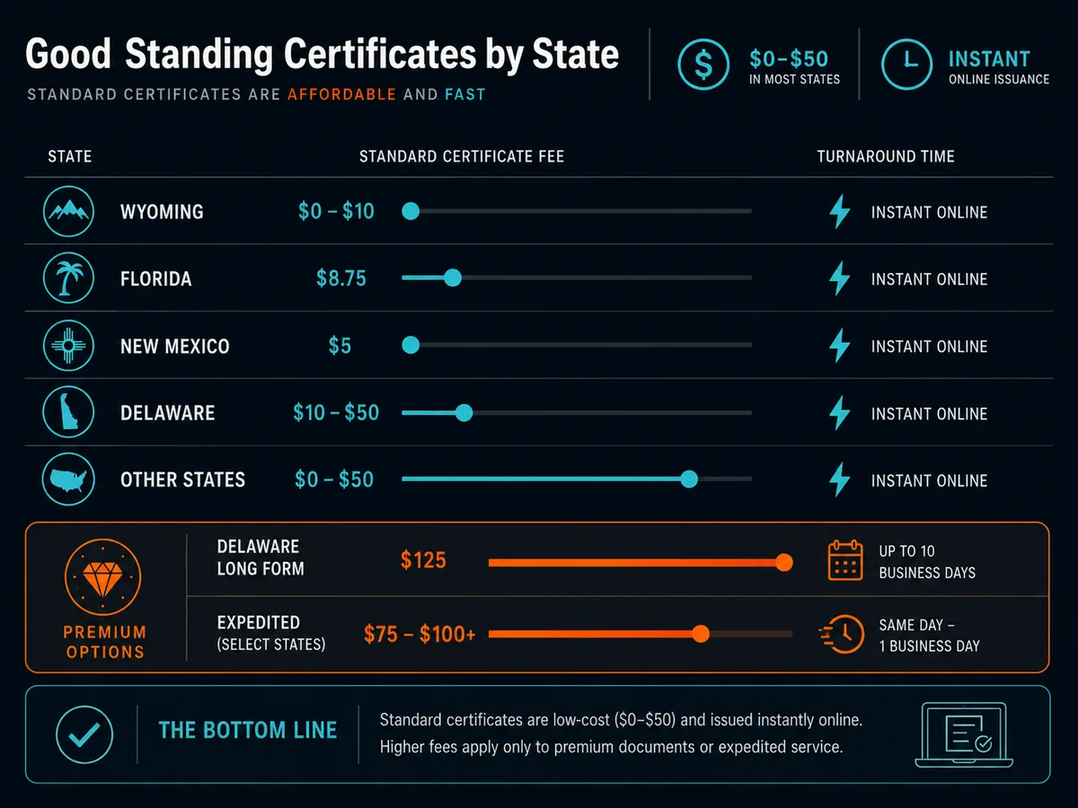 Comparison of certificate of good standing fees and turnaround across Wyoming, Florida, New Mexico, Delaware and other states