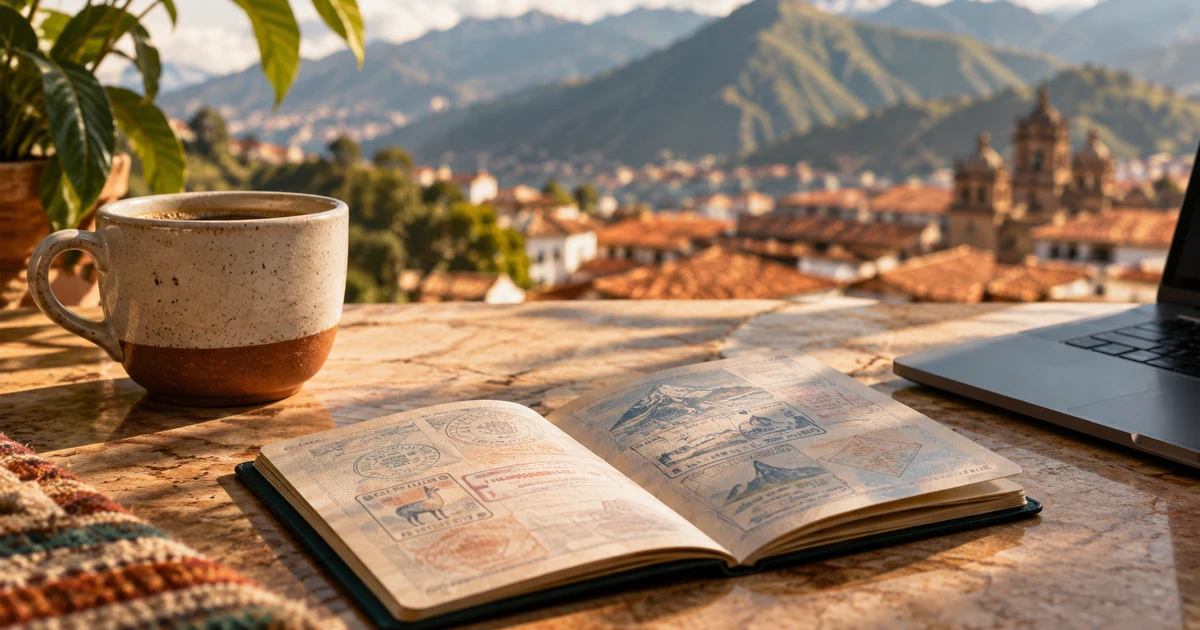 An open passport lying on a warm stone table beside a coffee cup and a laptop, with out-of-focus Andean mountains and red-tiled colonial rooftops behind it in soft morning light