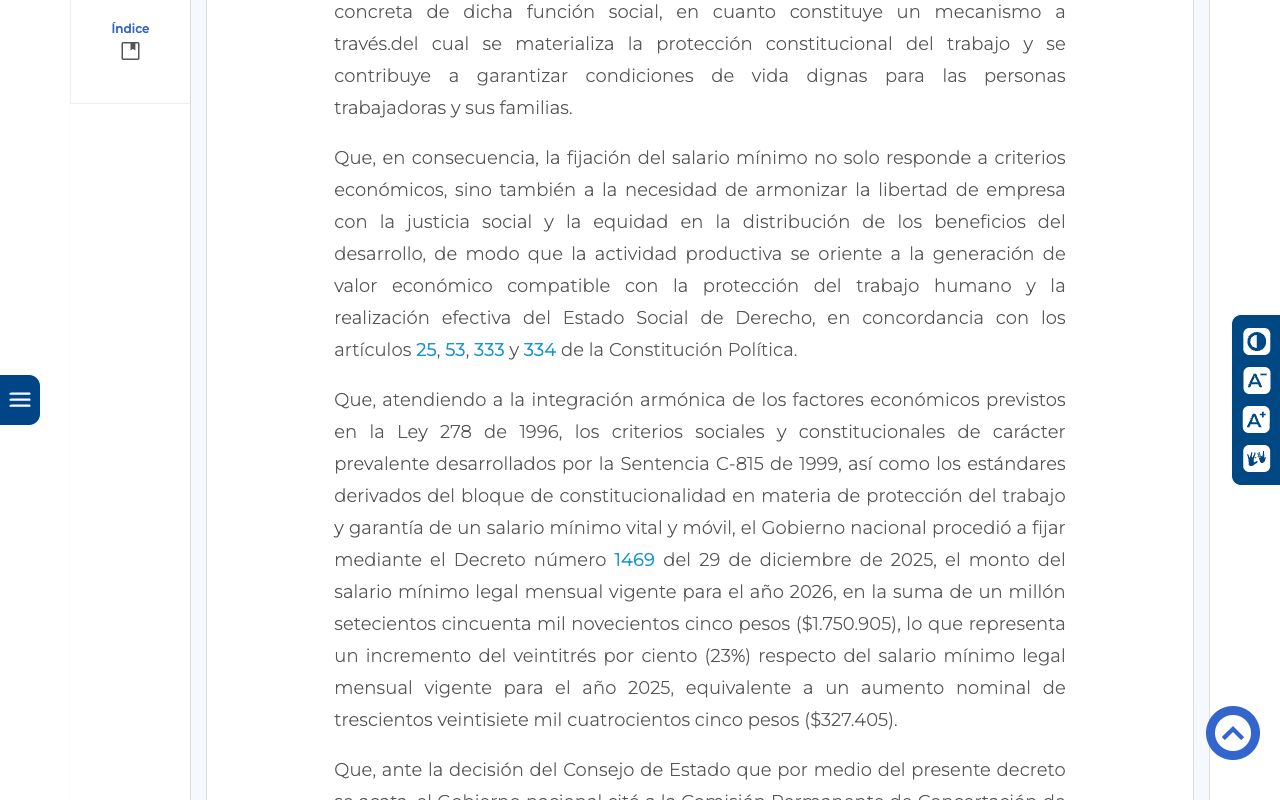 Text of Decreto 0159 de 2026 on the Cancilleria normograma, reciting that the national government fixed the 2026 monthly minimum wage by Decreto 1469 of 29 December 2025 at one million seven hundred and fifty thousand nine hundred and five pesos, 1,750,905, representing a 23 percent increase on 2025 equivalent to a nominal rise of three hundred and twenty-seven thousand four hundred and five pesos, 327,405, and referring to the Consejo de Estado decision that suspended it