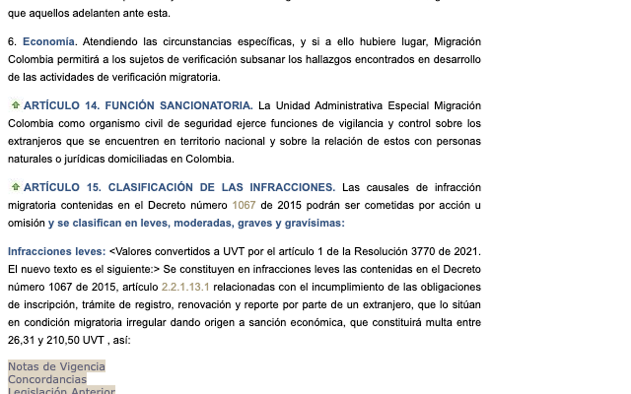 Article 15 of Resolucion 2357 de 2020 on the Cancilleria site, classifying migration infractions as leves, moderadas, graves and gravisimas, and providing that minor infractions relating to failures of registration, renewal and reporting by a foreigner give rise to an economic sanction constituting a fine of between 26.31 and 210.50 UVT