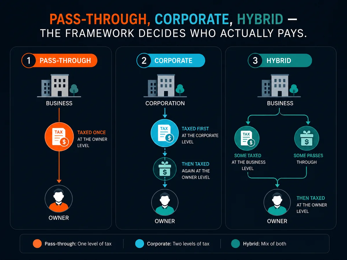 Three frameworks for how company-level tax flows to the owner: pass-through, corporate and hybrid