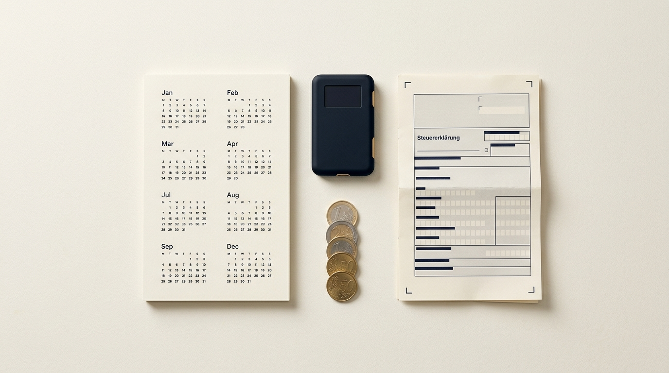 A wall calendar, a hardware crypto wallet, euro coins and a German tax form on an off-white desk