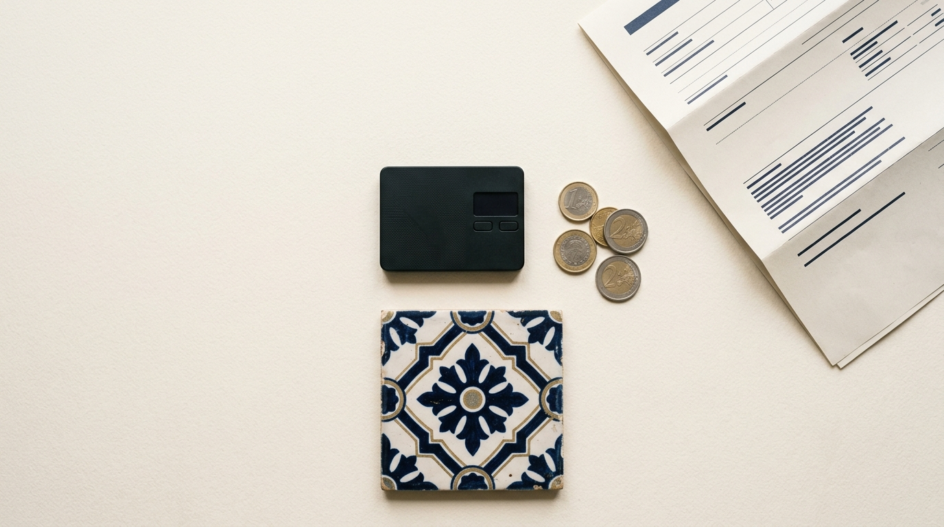 A hardware crypto wallet, euro coins, a Portuguese azulejo tile and a tax document on an off-white desk