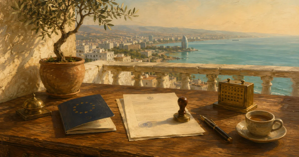 Open EU passport, stamped Cyprus tax residency certificate and a fountain pen on a wooden desk on a terrace overlooking Limassol and the Mediterranean