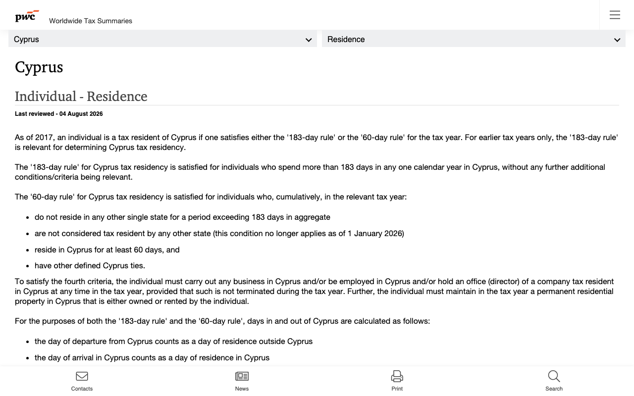 PwC Worldwide Tax Summaries page on Cyprus individual residence listing the 183-day rule and the 60-day rule conditions