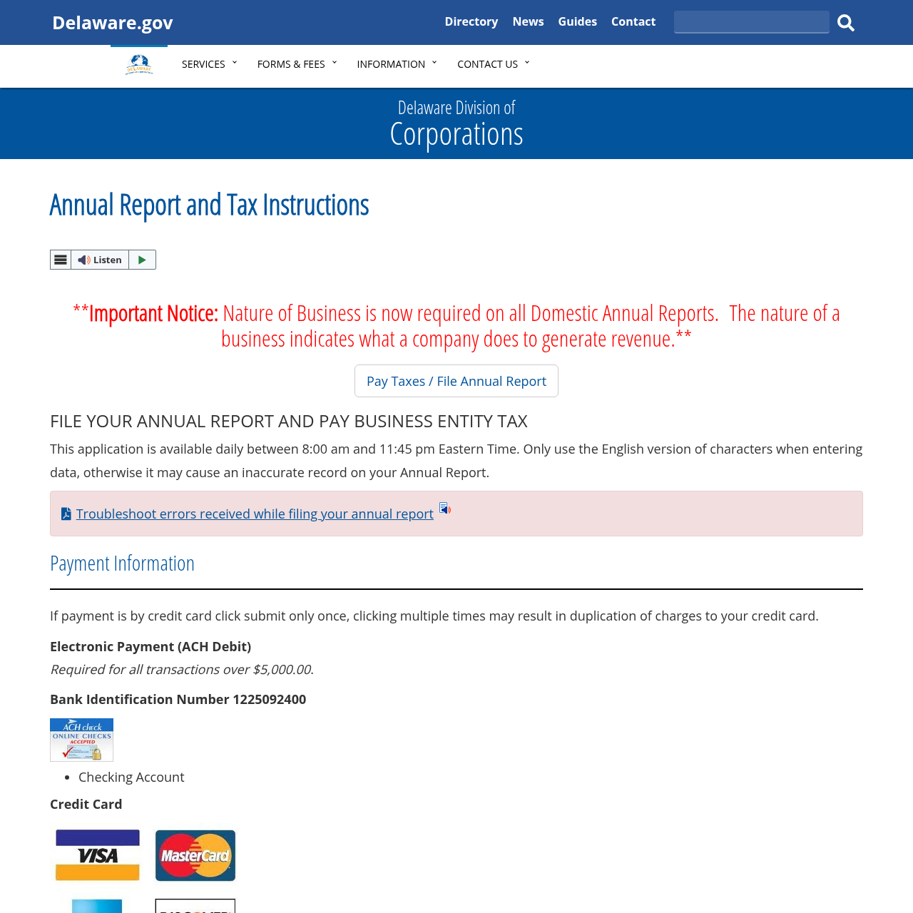 Delaware Division of Corporations franchise tax payment portal