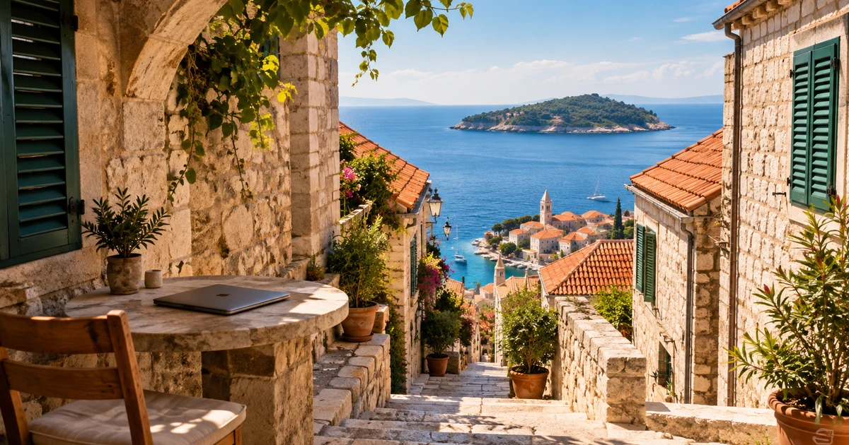 A sunlit Dalmatian stone alleyway in warm limestone and terracotta, a small stone table with a closed laptop under an arch, the old town harbour and an Adriatic island beyond