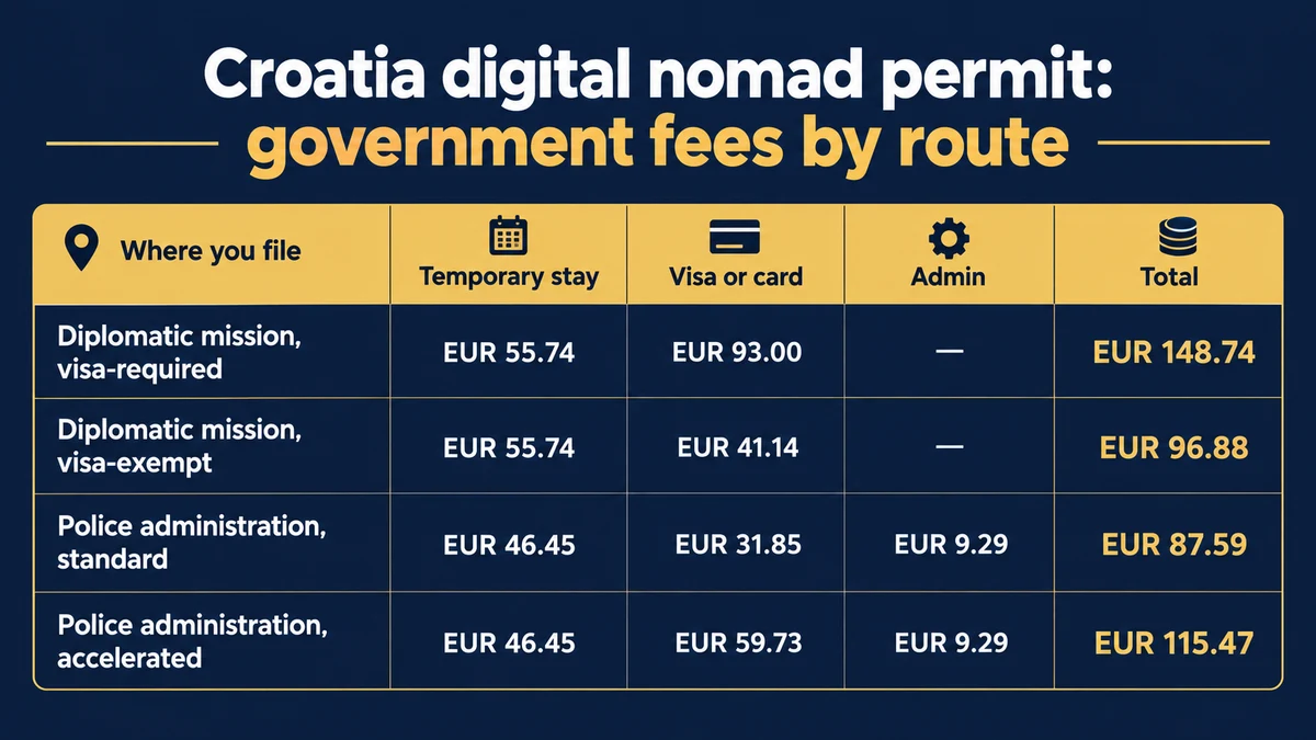 Table of Croatia digital nomad permit government fees by route: at a diplomatic mission a visa-required national pays 55.74 euro plus 93.00 euro for a total of 148.74 euro and a visa-exempt national 55.74 euro plus 41.14 euro for 96.88 euro; at a police administration in Croatia the standard route is 46.45 euro plus 31.85 euro plus 9.29 euro admin for 87.59 euro and the accelerated route 46.45 euro plus 59.73 euro plus 9.29 euro for 115.47 euro