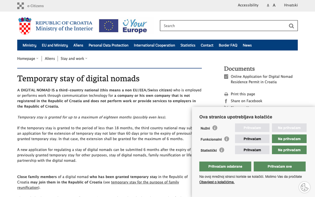 The Croatian Ministry of the Interior page headed Temporary stay of digital nomads, defining a digital nomad as a third-country national working for a company not registered in Croatia, stating that temporary stay is granted for up to a maximum of eighteen months, that an extension must be applied for not later than 60 days prior to expiry, and that a new application can be submitted 6 months after the expiry of the previously granted temporary stay