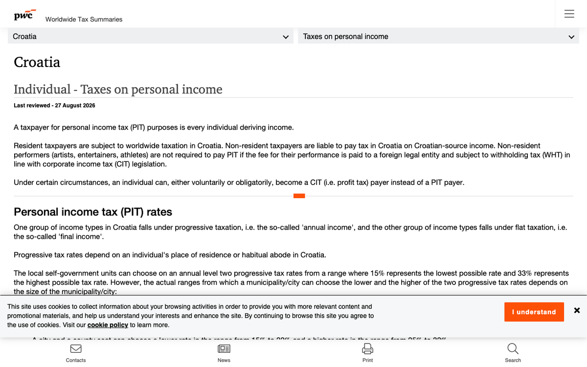 The PwC Worldwide Tax Summaries page for Croatia, individual taxes on personal income, last reviewed 27 August 2026, stating that local self-government units choose two progressive tax rates from a range where 15 percent is the lowest possible rate and 33 percent the highest