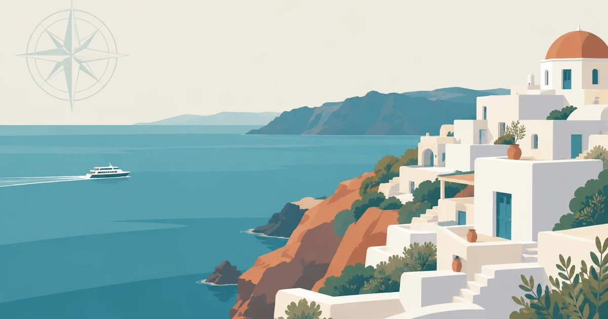 Flat illustration of an Aegean coastline in layered bands of muted teal sea and pale limestone, with stepped whitewashed houses and a terracotta dome on the right and a small ferry wake on the left, a faint compass rosette in the sky