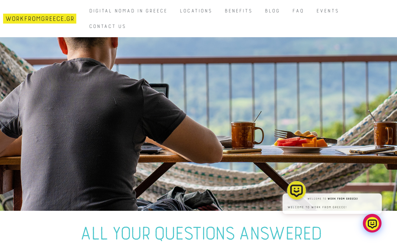 Screenshot of the Work From Greece FAQ page, the Greek state's own digital nomad portal, headed All your questions answered