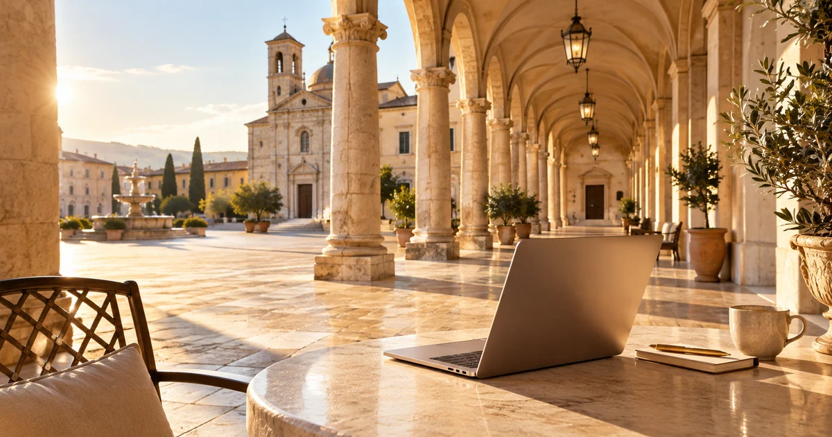 A sunlit Italian piazza colonnade in warm limestone, long arcade of arches receding past a stone table with an open laptop on it, church facade and fountain beyond