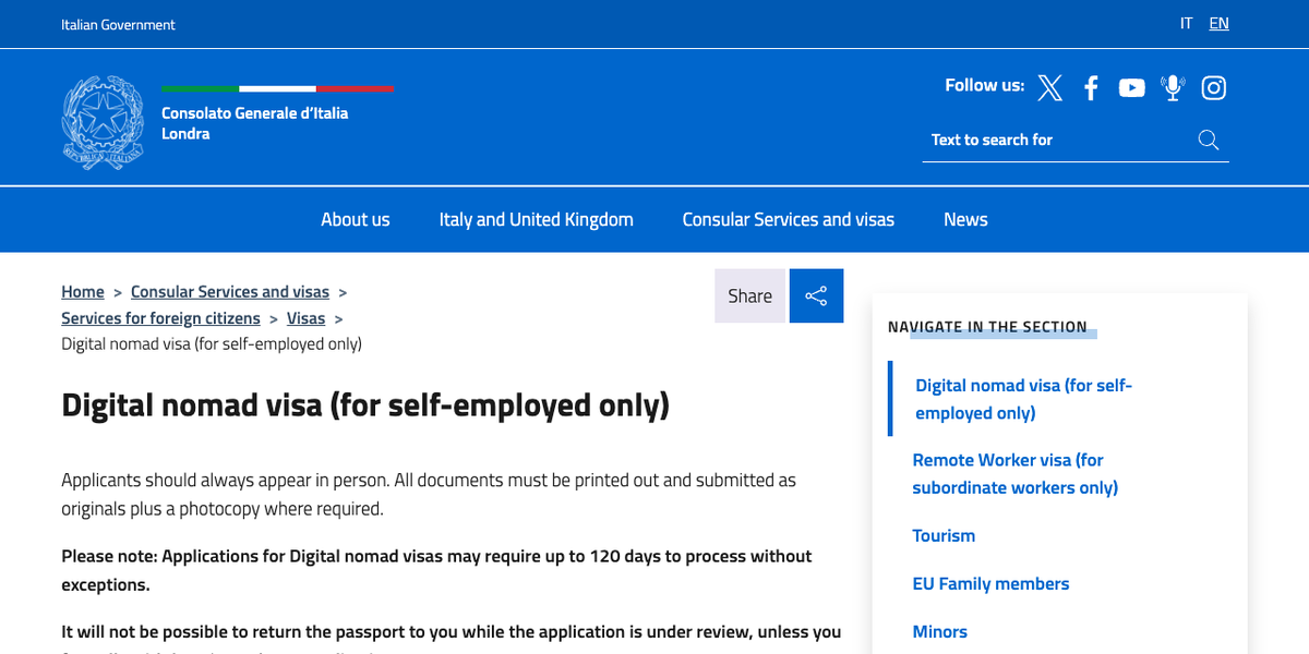 The London Consulate General page headed Digital nomad visa for self-employed only, stating that applications may require up to 120 days to process without exceptions and that the passport cannot be returned while the application is under review