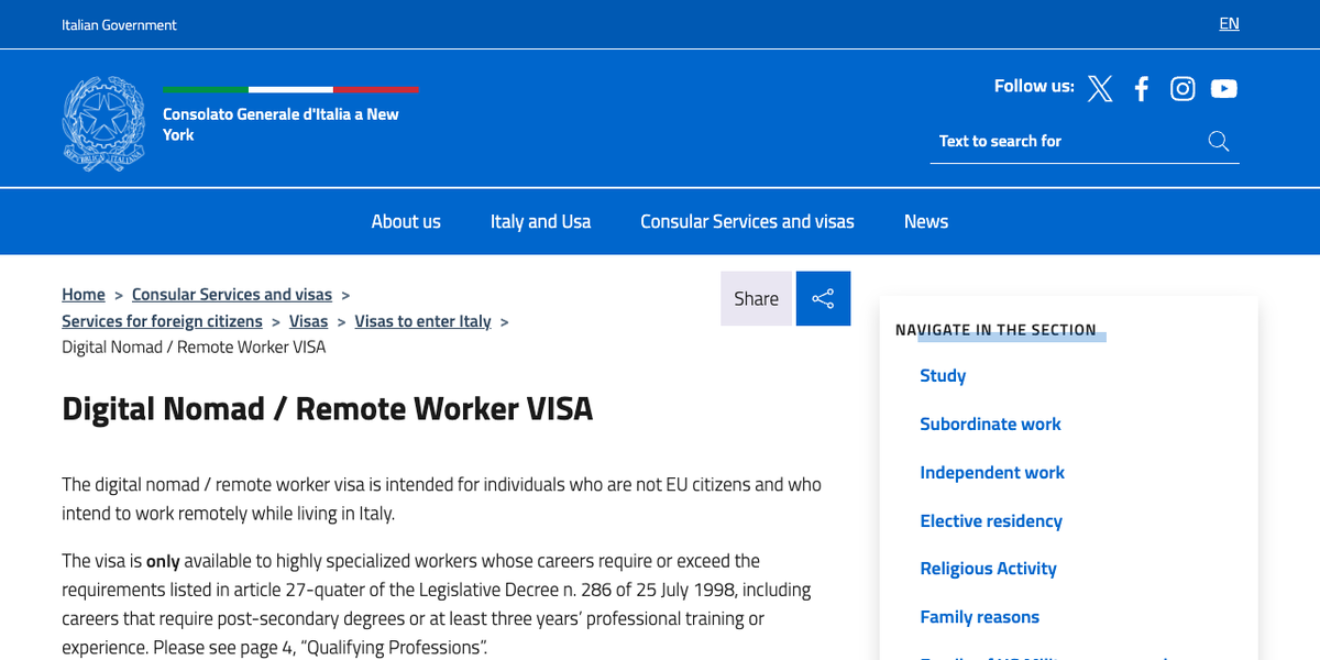The New York Consulate General page headed Digital Nomad / Remote Worker VISA, explaining that the visa is available only to highly specialised workers meeting the requirements of article 27-quater of Legislative Decree 286 of 25 July 1998