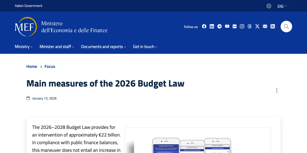 The Italian Ministry of Economy and Finance page headed Main measures of the 2026 Budget Law, dated January 12 2026, describing an intervention of approximately 22 billion euro