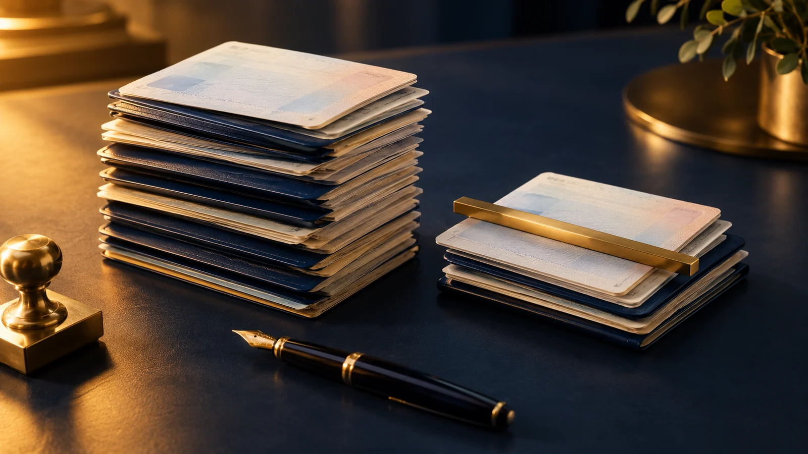 Two stacks of residence documents on a navy desk, one accumulating tall and one capped by a gold bar, illustrating which nomad visas count toward permanent residency