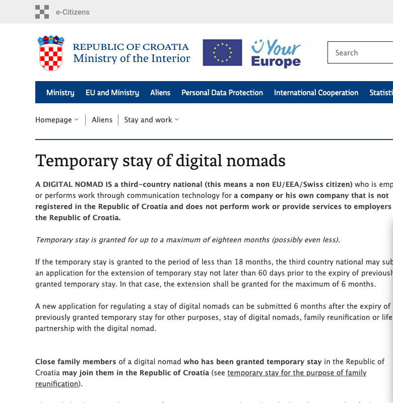 Croatia's Ministry of the Interior page on temporary stay of digital nomads, stating a new application may be submitted 6 months after the expiry of the previously granted stay