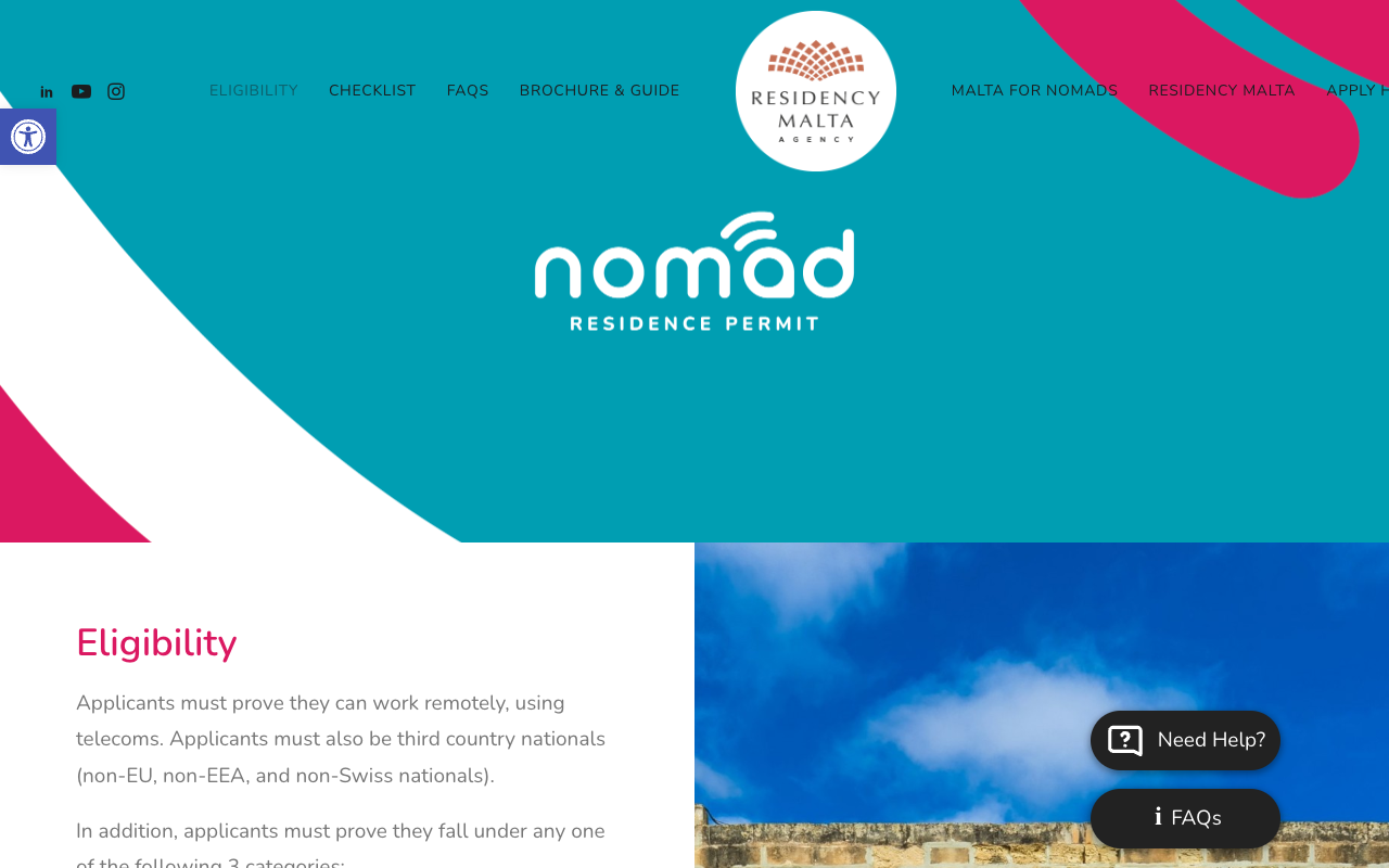 The Residency Malta Agency Nomad Residence Permit eligibility page, stating applicants must work remotely and be third country nationals