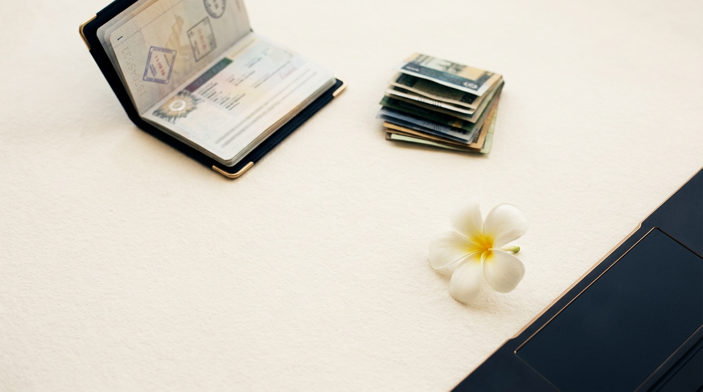 A laptop and passport on a desk overlooking Thailand — Destination Thailand Visa for digital nomads