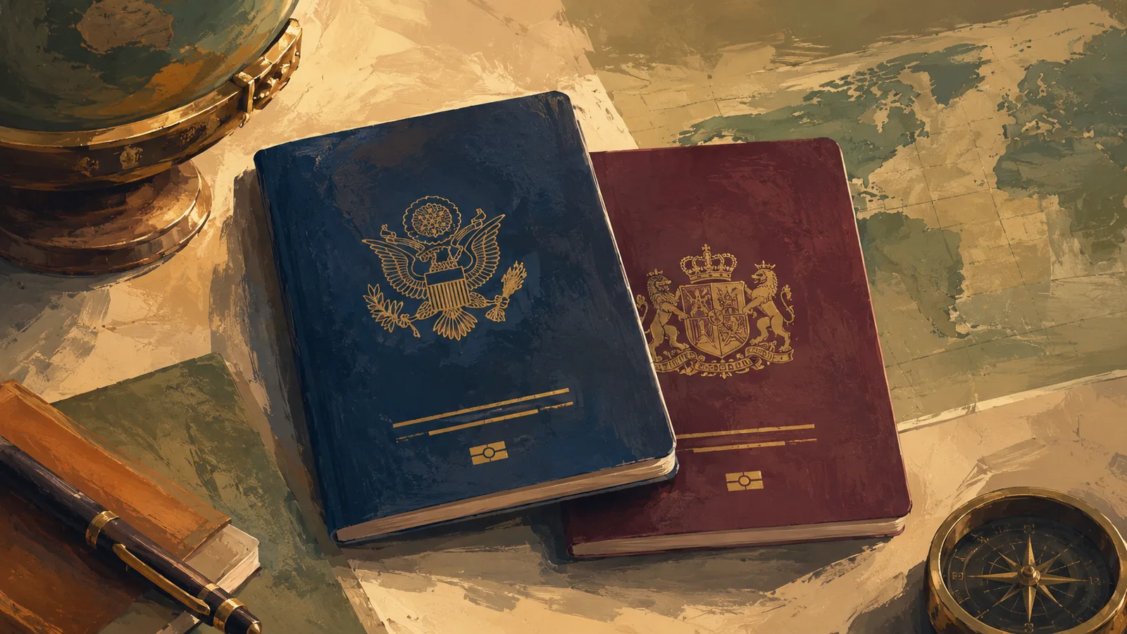 A US passport resting beside a second foreign passport, illustrating dual citizenship