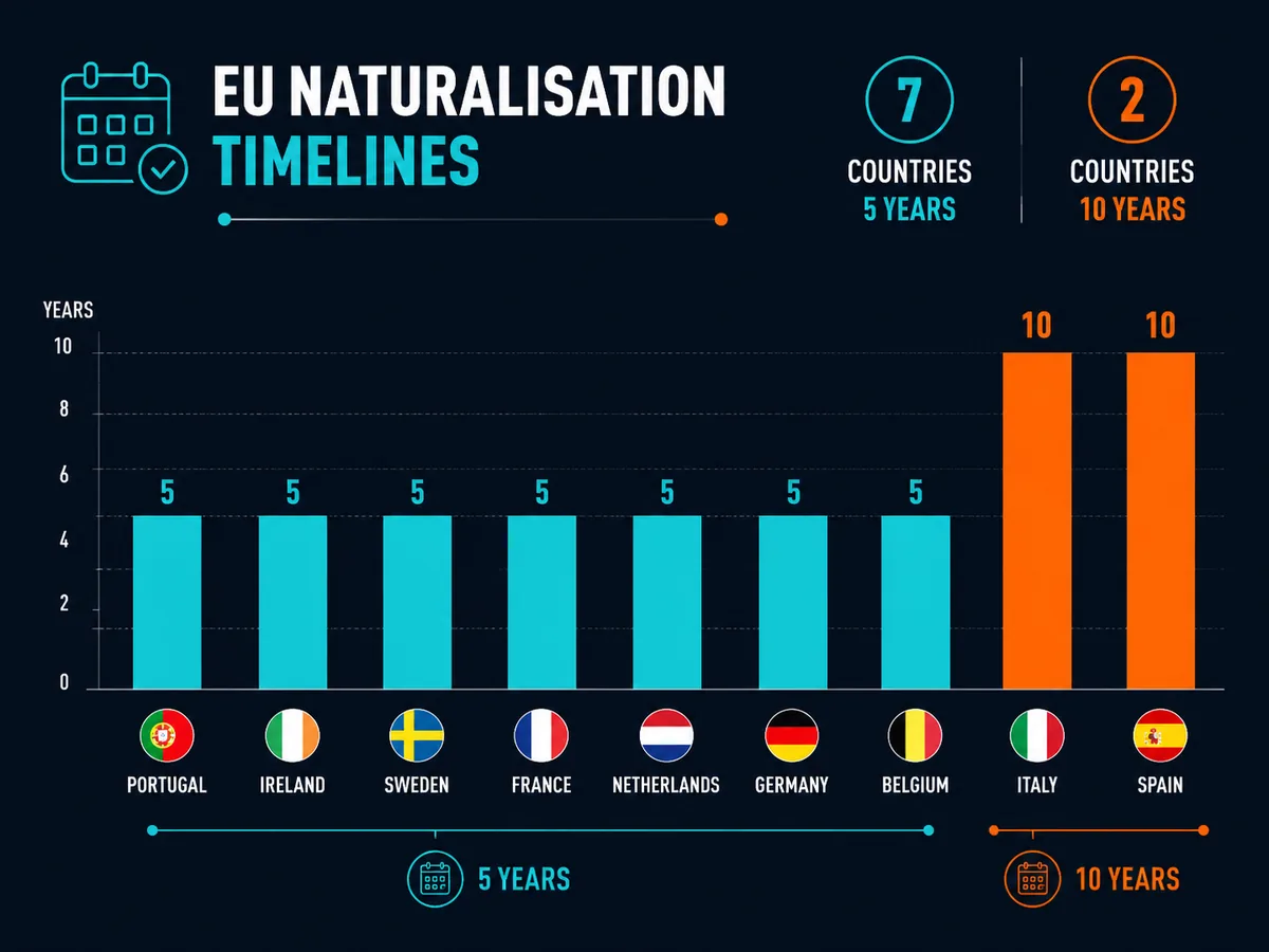 Bar chart of EU naturalisation timelines from Portugal at 5 years through Spain at 10 years