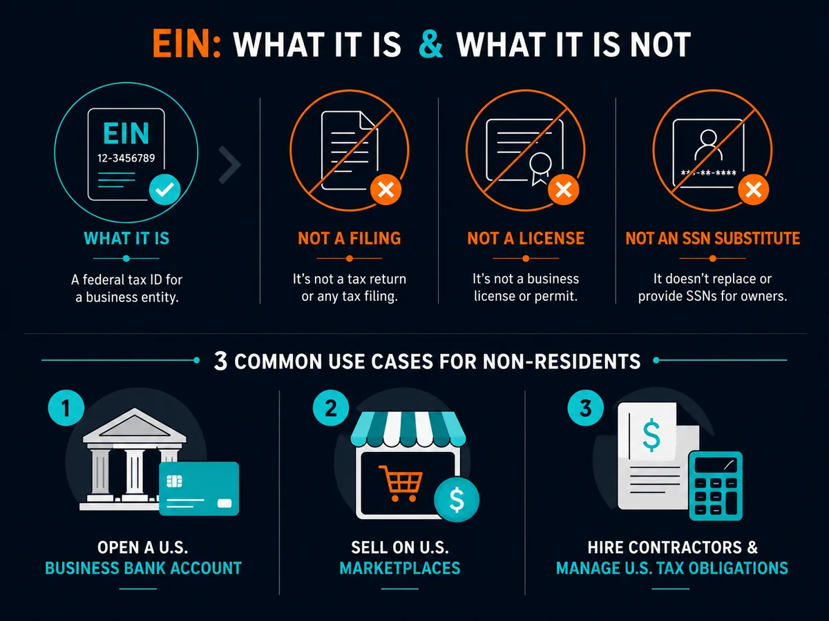 What an EIN is and is not, with the three common use cases for non-residents