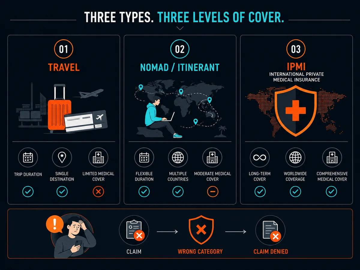 Three categories of expat insurance: travel, nomad/itinerant and full international private medical insurance