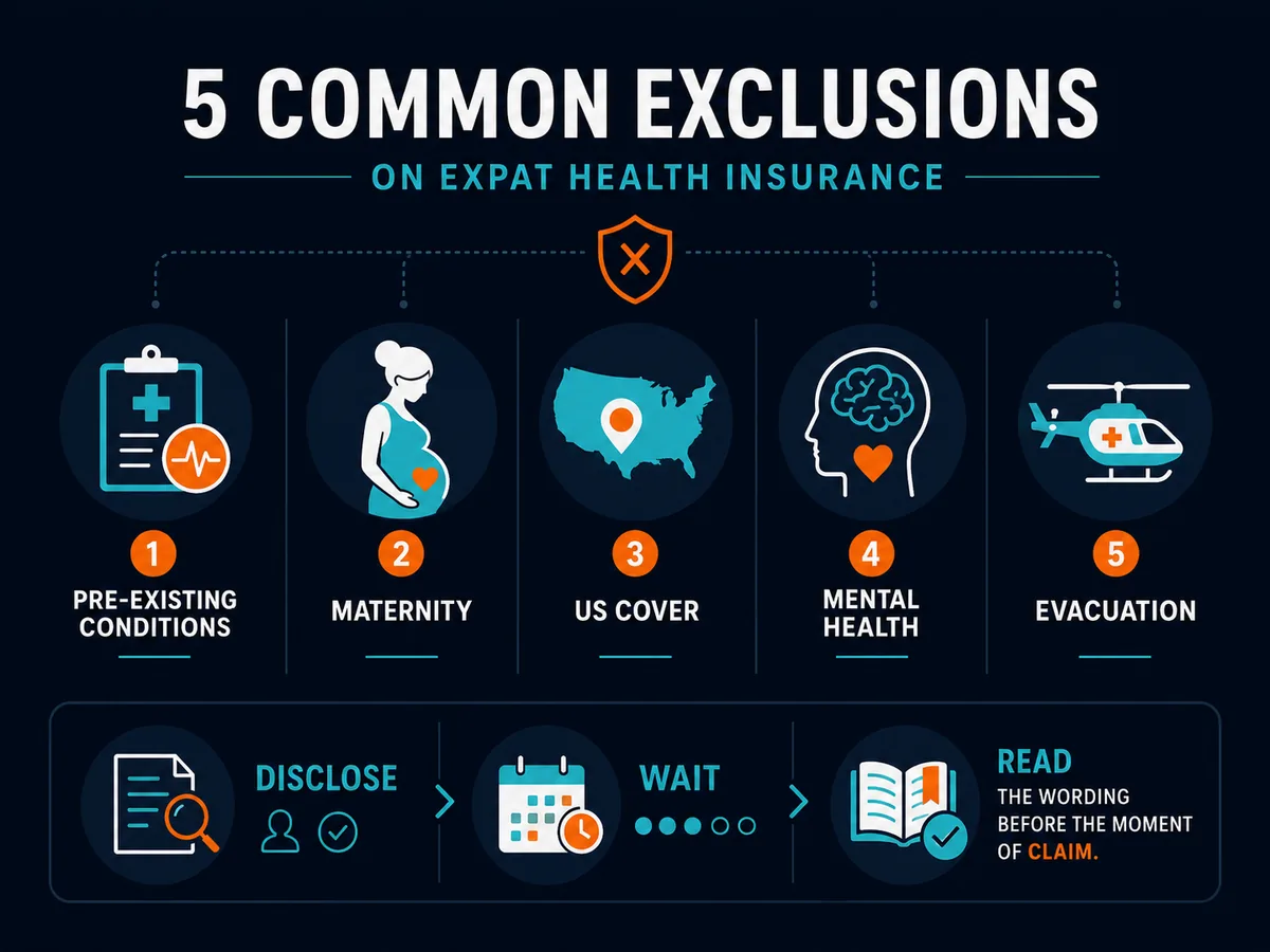 Common exclusions on expat health insurance: pre-existing conditions, maternity, US cover, mental health and evacuation